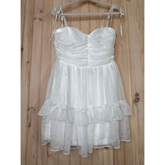 NWT Lulus Angelic Approach White Chiffon Ruffled Tie-Strap Mini Dress Party Sz L - Picture 2 of 7